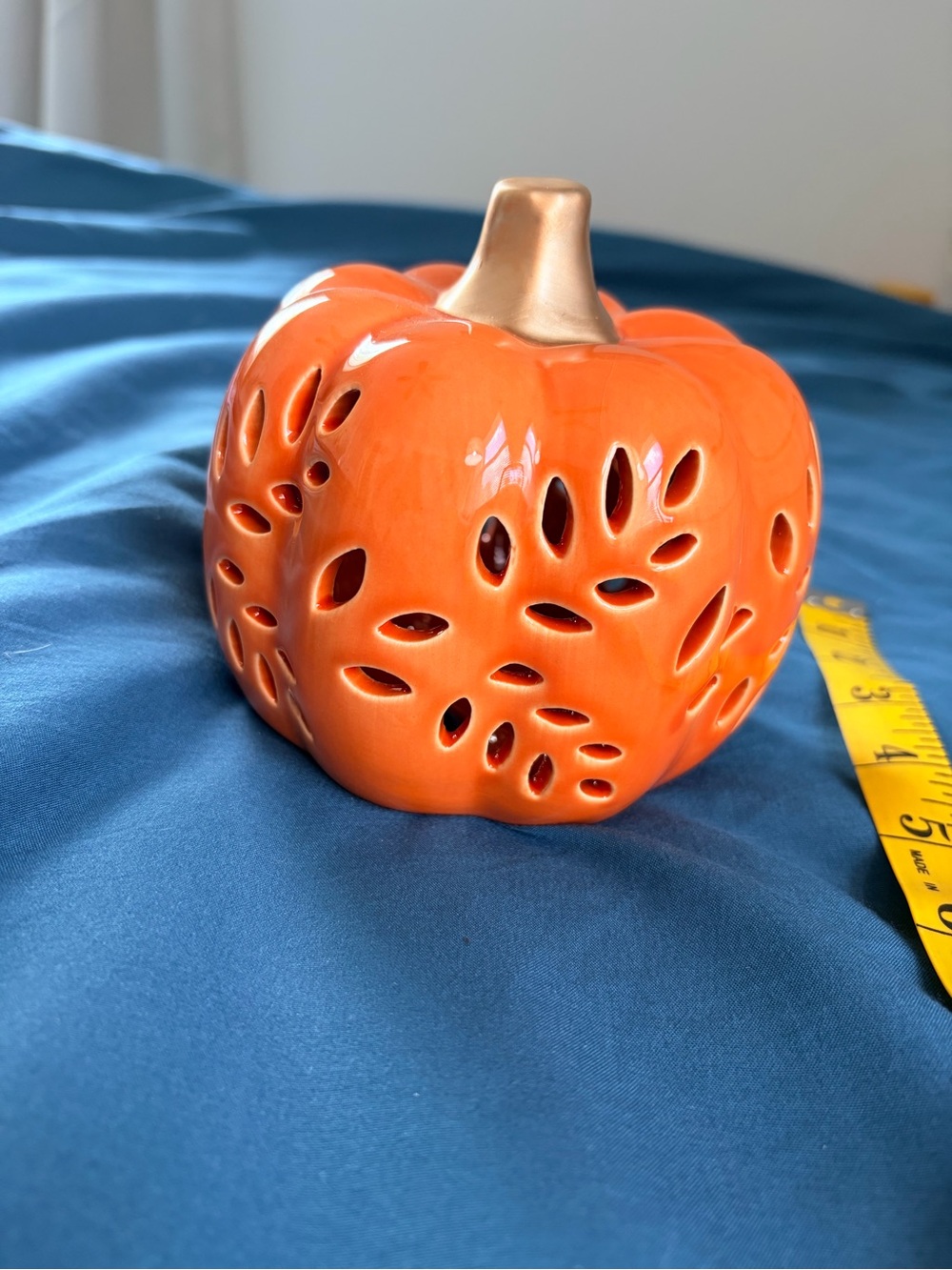 Orange Ceramic Pumpkin Gold Stem Fall Decor